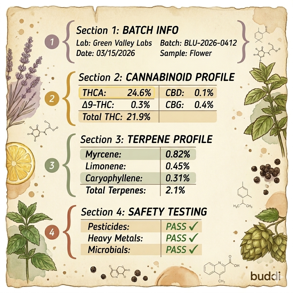 Illustrated cannabis COA diagram used in buddi education.